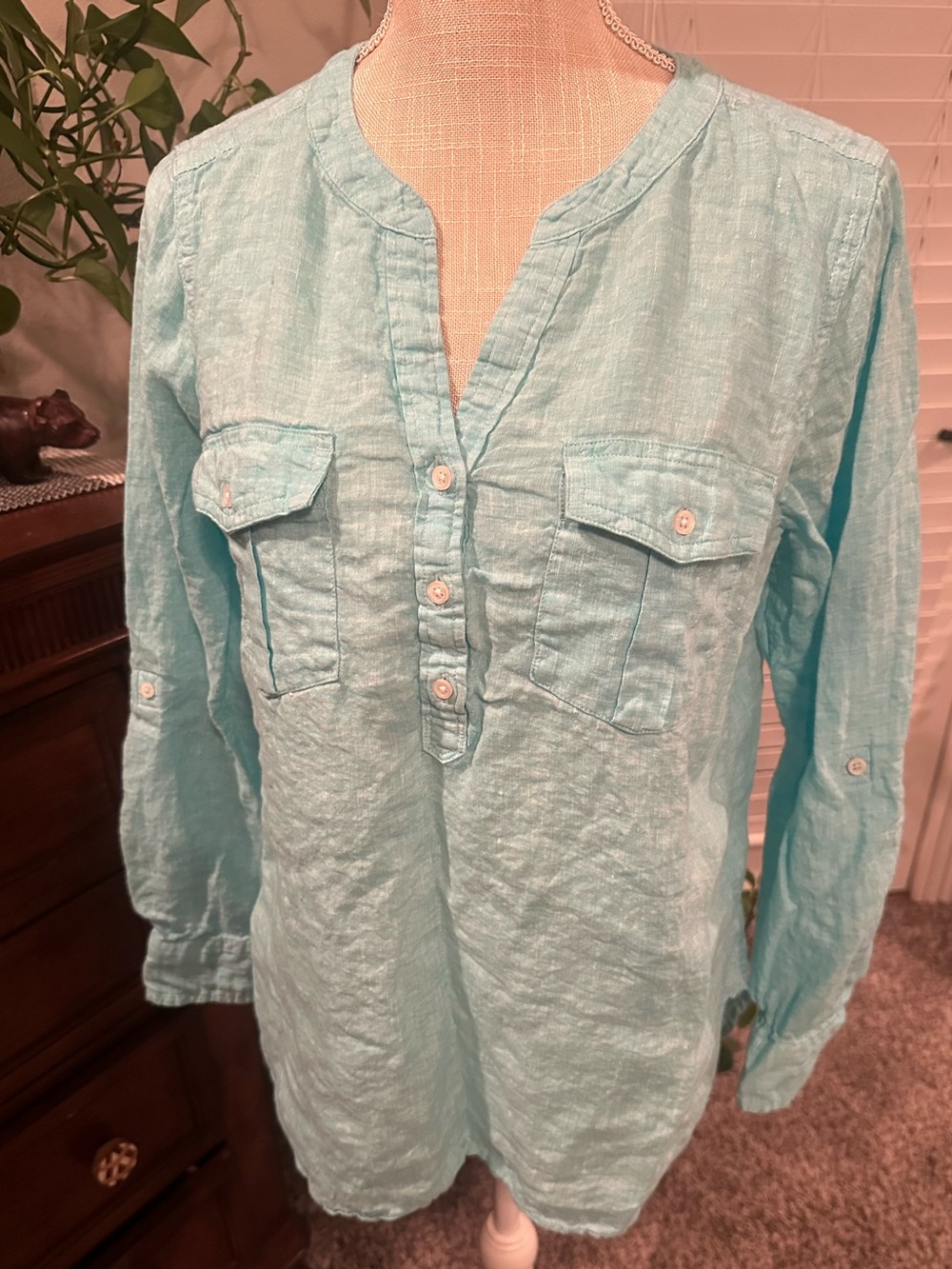 Talbots Light Aqua Button-Front Linen Tunic